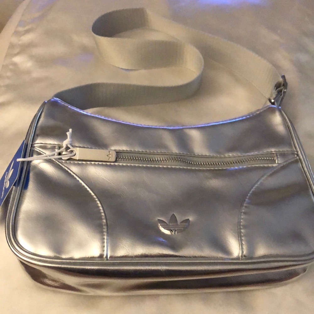 Adidas Originals Classic Faux Leather Shoulder Bag Silver Metallic NWT
